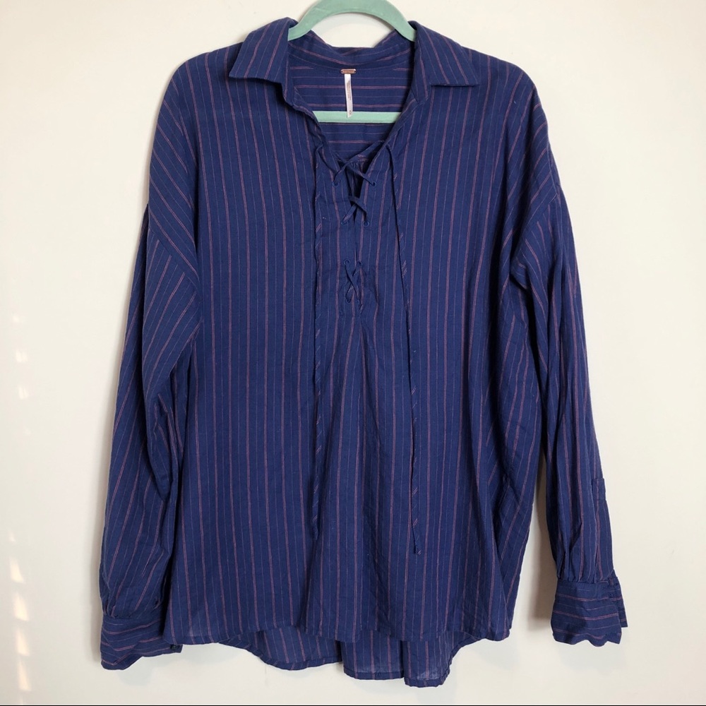 Free People Blue Striped Lace Up Shirt